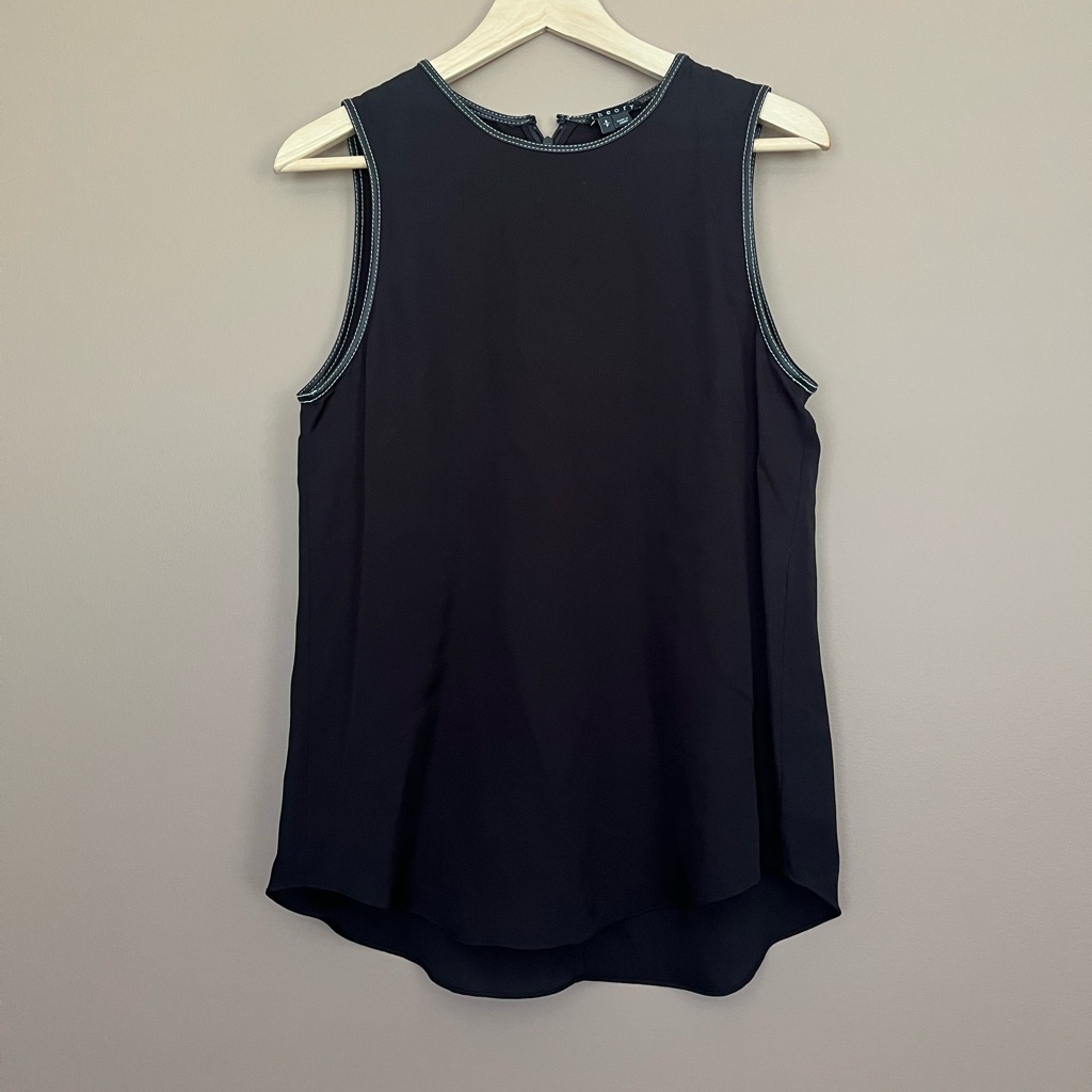 {Theory} Silk Tank Top Shell With Lambskin Leather Trim In Black - Womens Small